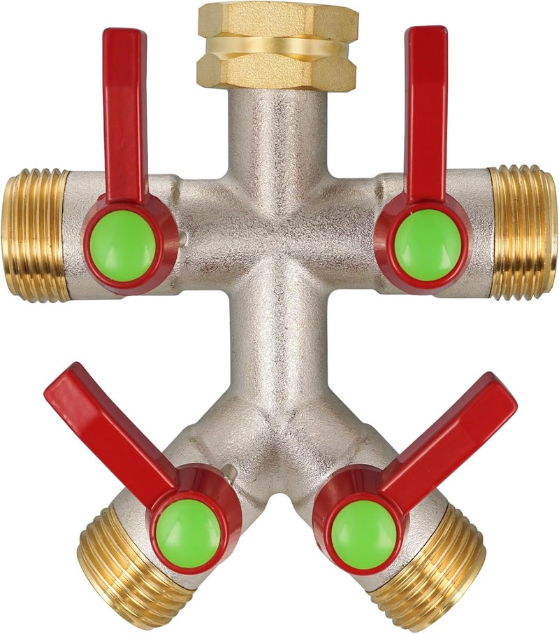 DINGBAI Hose Splitter 4 Way, High Flow Garden Hose Splitter, 3/4” Ght Inlet Brass Heavy Duty Hose Converter, Full Flow water 4 Way Faucet hose splitter, Long Handle Hose Valve Large Outlet. - Image 1